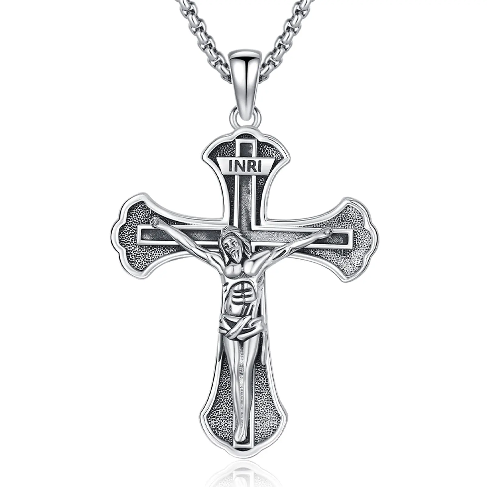 DRINSPER Jesus Cross Necklace 925 Sterling Silver Necklace Crucifix Necklace for Men Women