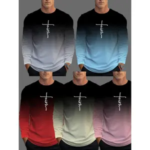 New 5-Pack Men's Fashion Long Sleeve T-Shirt?? Gradient 3D Digital PrintCasual Sports Round Neck Polyester Fabric Regular Fit Top Streetwear  Father's Day Gift Men's  Sportswear Mixed Colors