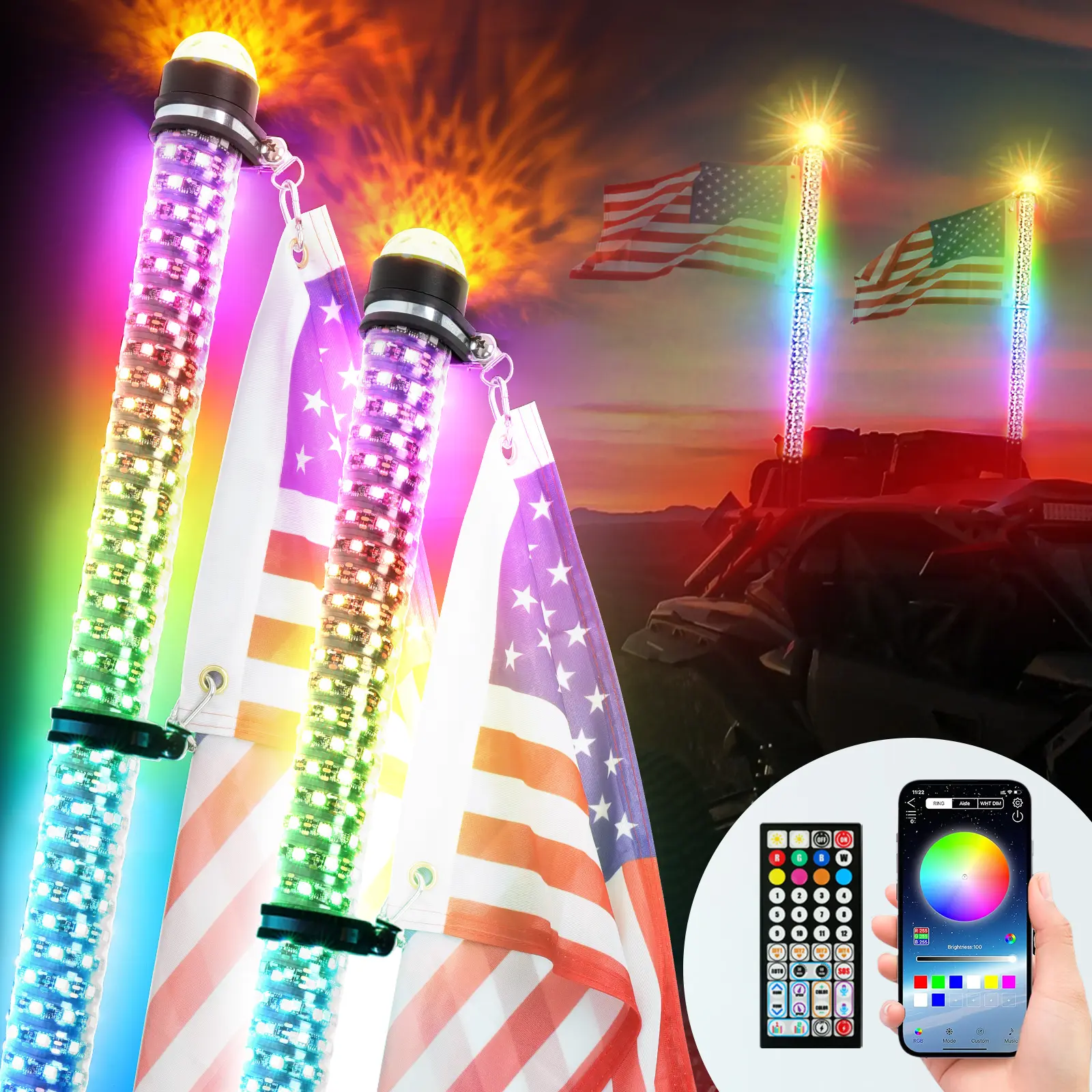 DREAMIZER 2PCS 1FT 2FT 3FT 4FT Whip Lights 360°Spiral Chase Offroad Warning Lighted Antenna LED Whips Side by Side with Turn Signal Brake Reserving Lights for UTV ATV RZR Can-Am SXS Polaris Offroad Truck