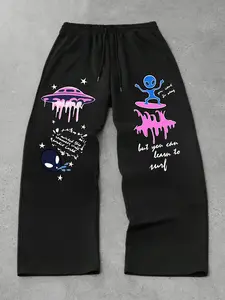 Men's Alien Surf Print Sweatpants, Y2K Street Style, Drawstring Waist, Soft Comfortable Fabric, Casual Daily Wear, Urban Fashion