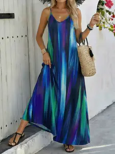 New Summer Printed Halter Neck Sleeveless Maxi Long Dress, European Style All-Over Print, Loose-Fit Comfortable Slimming, Chic Elegant Casual Beachwear for Plus Size Women