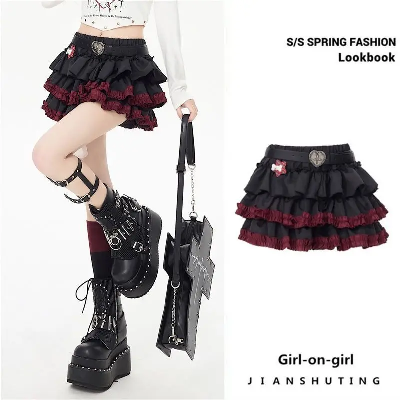 Y2K Dark Layered Ruffle Short Skirt Elastic Waist Burgundy Lace Trim Mini Skirt