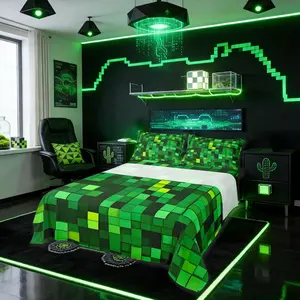 Pixelated Blocks Miners Bed Sheets,Video Games Game Gamepad Easy Wash Bedding Set,Geometric Grid Patchwork Kids Room Decor,Green Sheet(Fitted+ Flat Sheet)