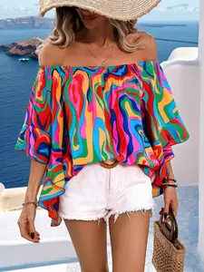 Vacation Style Bohemian Colorful Marble Print Off-Shoulder Blouse, Boho Resort Blouse, One-Piece Tight Design Loose Ruffled Bell Sleeve, Daily Beachwear Casual Top