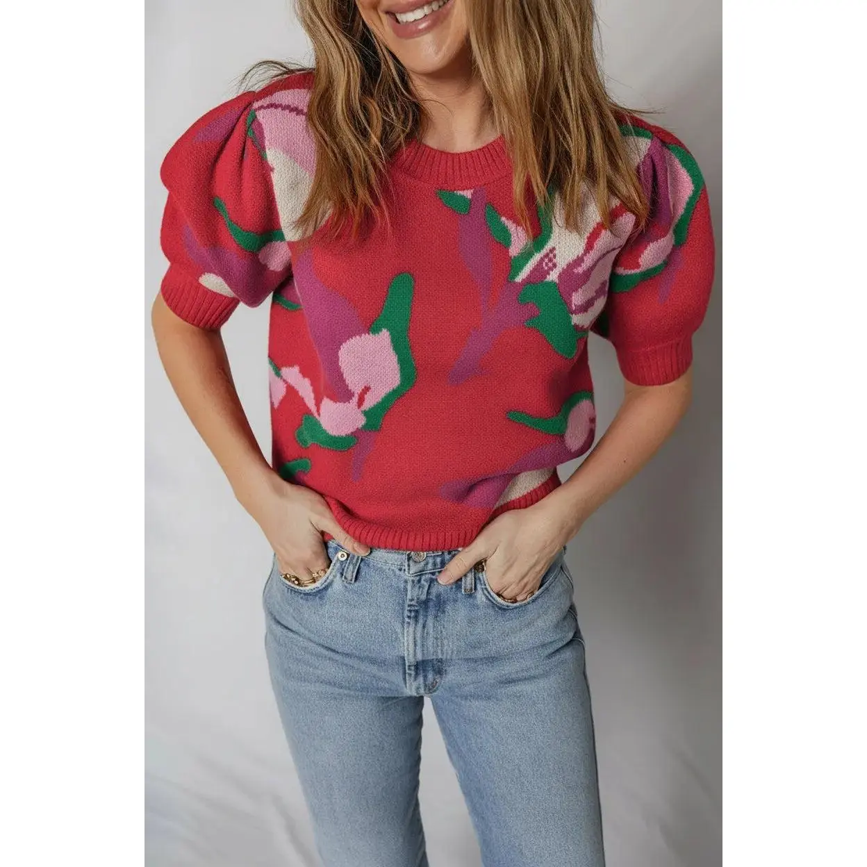 Floral Abstract Short Puff Sleeve Sweater