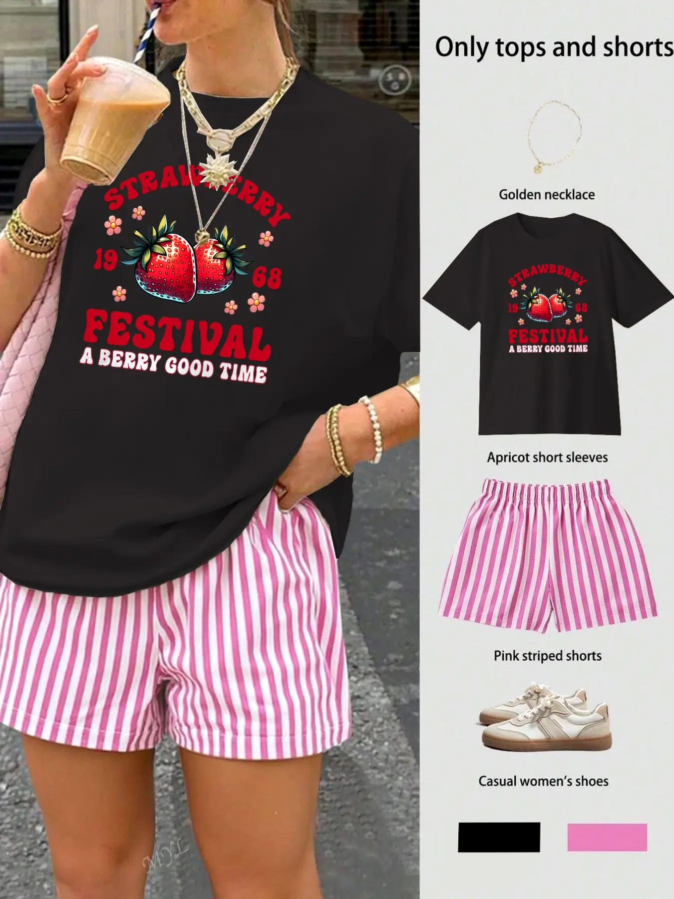 Women's Strawberry Festival Graphic T-Shirt & Pink Striped Shorts Set, Casual Summer Outfit, Y2K Aesthetic, Cotton Blend, Vacation & Streetwear, Trendy Two-Piece for Daily Wear, Everyday, Festival Looks, Cute Fruit Print, Beach Outfit, Cozy Matching S