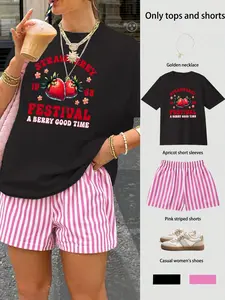 Women's Strawberry Festival Graphic T-Shirt & Pink Striped Shorts Set | Casual Summer Outfit, Y2K Aesthetic, Cotton Blend, Vacation & Streetwear, Trendy Two-Piece for Daily Wear, Festival Looks, Cute Fruit Print, Lounge Wear, Beach Outfit, Cozy Matching S