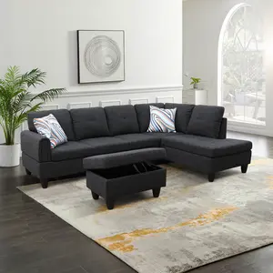 Black Grey Linen Living Room Sofa Set, Modern Cloud Couch for Apartment, Comfy Upholstered 3-Seater Loveseat with Pillows, Space Saving Furniture for Home Bedroom Office