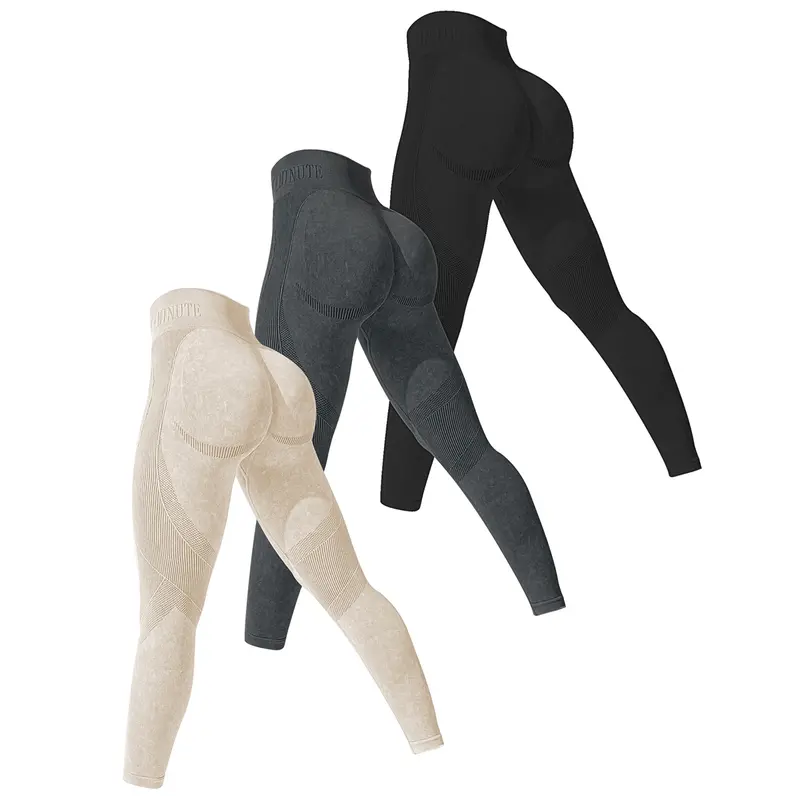 Women's Washed 3-Pack Athleisure Fitness Leggings - High Elastic Waistband, Tummy-Smoothing, Curvy-Flattering Skinny Cut, Lightweight Athletic Polyamide Bottoms, Machine Washable Mature All-Season Gym Tights