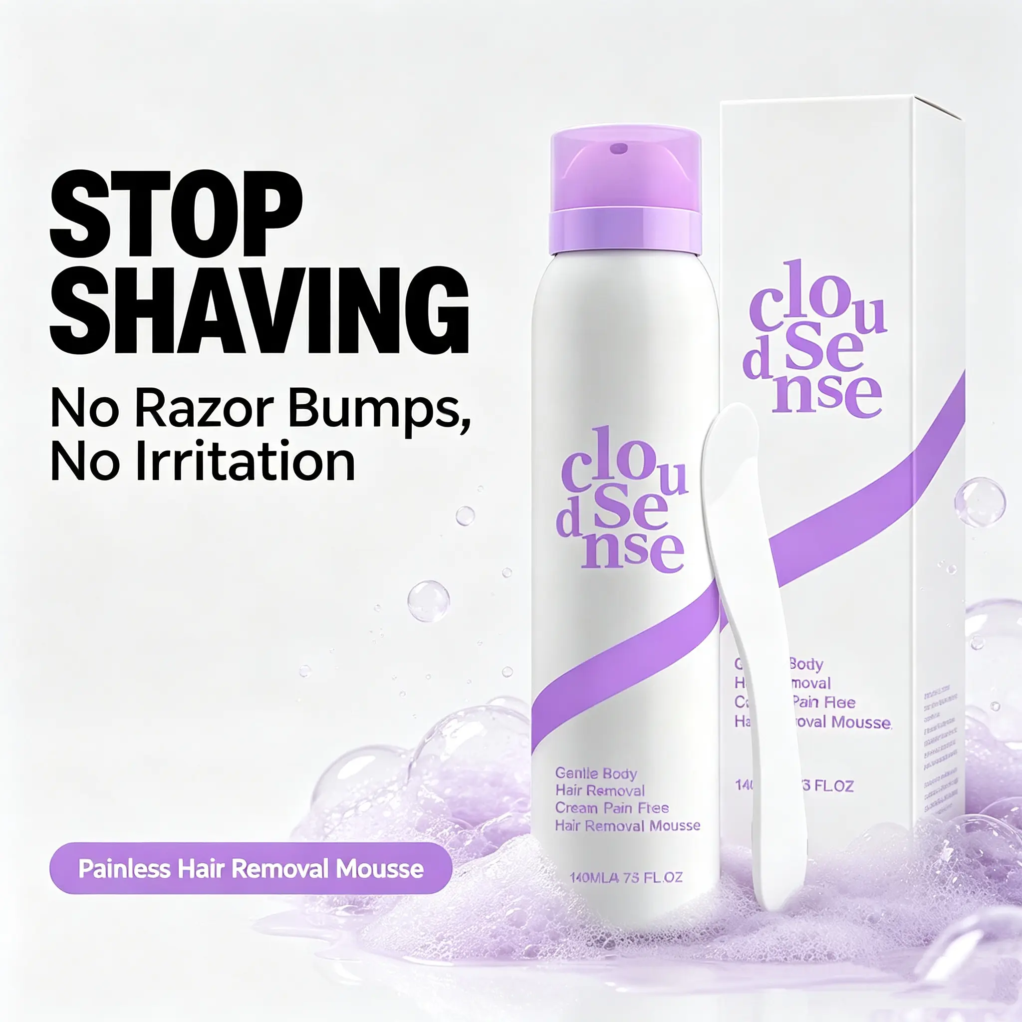 Cloudsense Gentle Painless Hair Removal Mousse - Sensitive Skin At-Home Depilatory Spray Foam, No-Irritation Body Care for Smooth Skin (Home Supplies, Party Bag Gift Option)