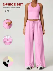 Women’s 2-Piece Activewear Set | Halter V-Neck Yoga Top with Built-In Bra & Loose Straight-Leg Workout Pants | Soft Stretch Performance Loungewear Set