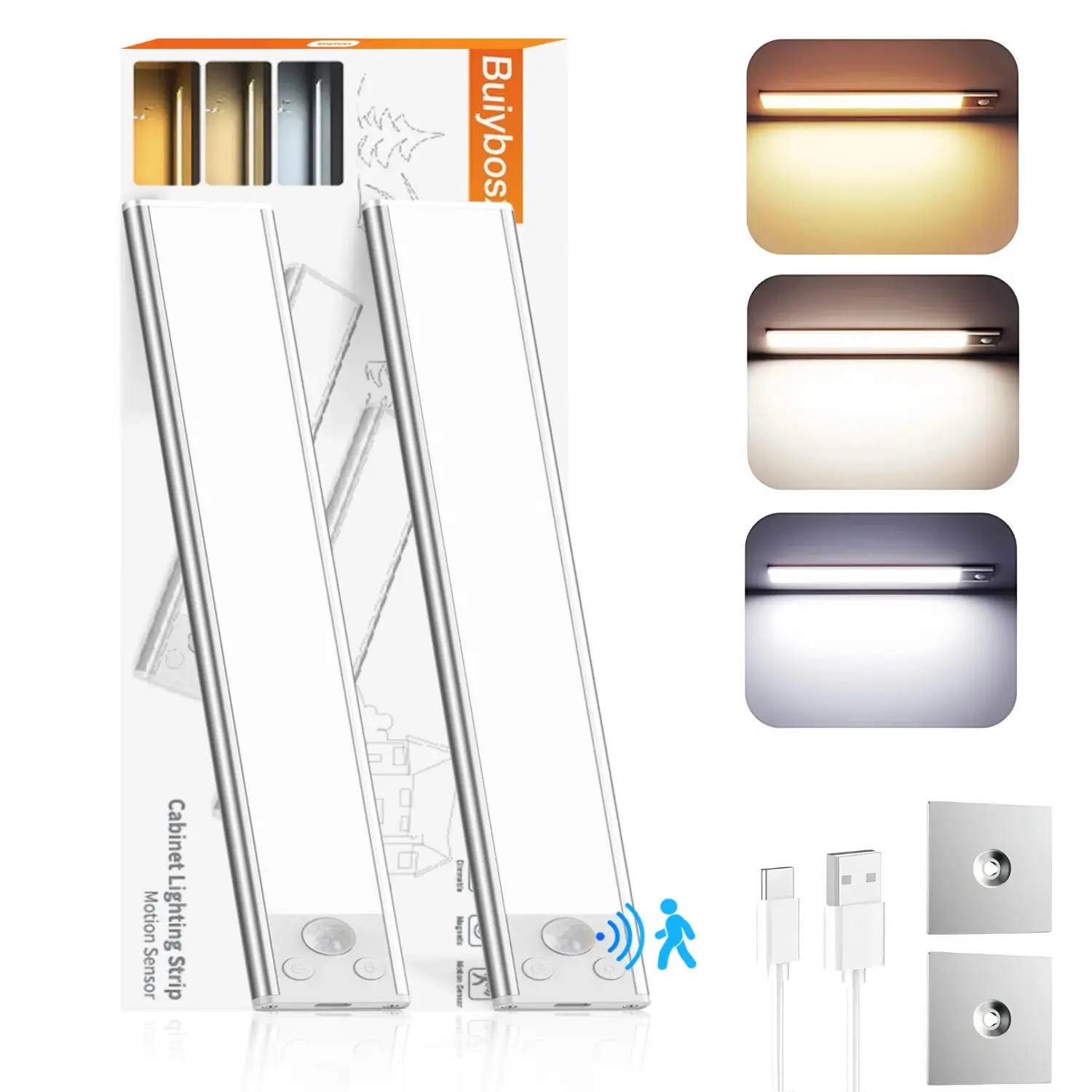 2-Piece Energy Efficient LED Cabinet Lights - 20cm/7.87in Rechargeable 1100mAh Batteries-Powered Motion Sensor, Magnetic Base, Dimmable 3-Color LED Strip Indoor Lamp for Wardrobes, Shelves #Springtok Home Smart Accessory, Bathrooms
