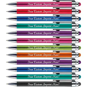 Personalized Pens with Stylus Tip -Bright Vibes- Click action - Custom - Black writing - Printed Name pens - Imprinted with Your Logo or Message - FREE PERSONALIZATION - 12 Pens/Box ()