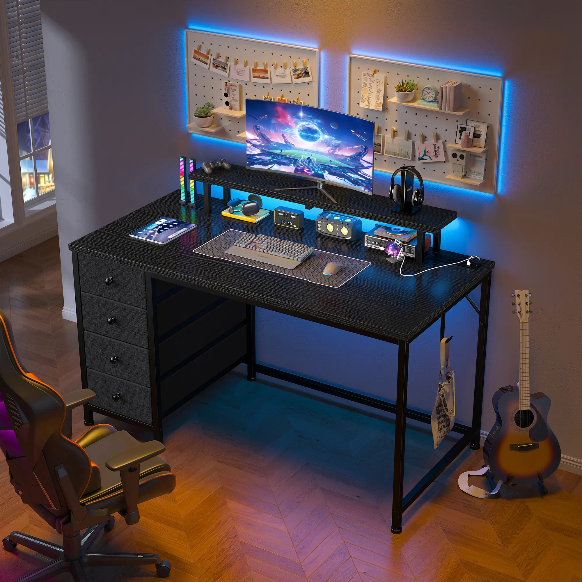 【dealsforyoudays】Raybee Gaming Desk 47 Inch Sturdy Computer Desk with 4 Drawer storage & 3AC Power Outlets for Home Office & Bedroom,Easy Assemble and Space-Saving,Gaming Equipment with LED