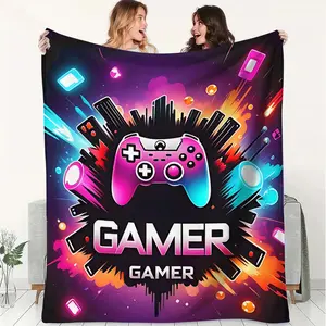 Esports-Style Pink and Blue Gradient Gaming Controller Flannel Blanket,Neon Lines and Pixelated Decorative Elements Hearts Cover Blanket, Soft Fluffy Warm Blanket,Outdoor Sports Blanket,Gift Blanket, Suitable Living Rooms,Sofas,Offices,Camping,Travel.