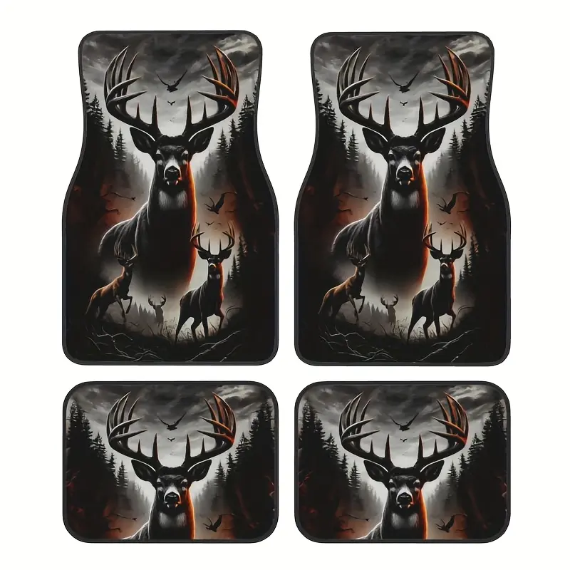 4pcs, Forest Deer Printed Car Anti-Slip Mats - Absorbent, Non-Slip, Durable, Easy to Clean, Easy to Install - Suitable for Vans, Trucks, Suvs, Compatible with for all Vehicle Types, Suitable for All Seasons, Pet-Friendly, Car Floor Mats