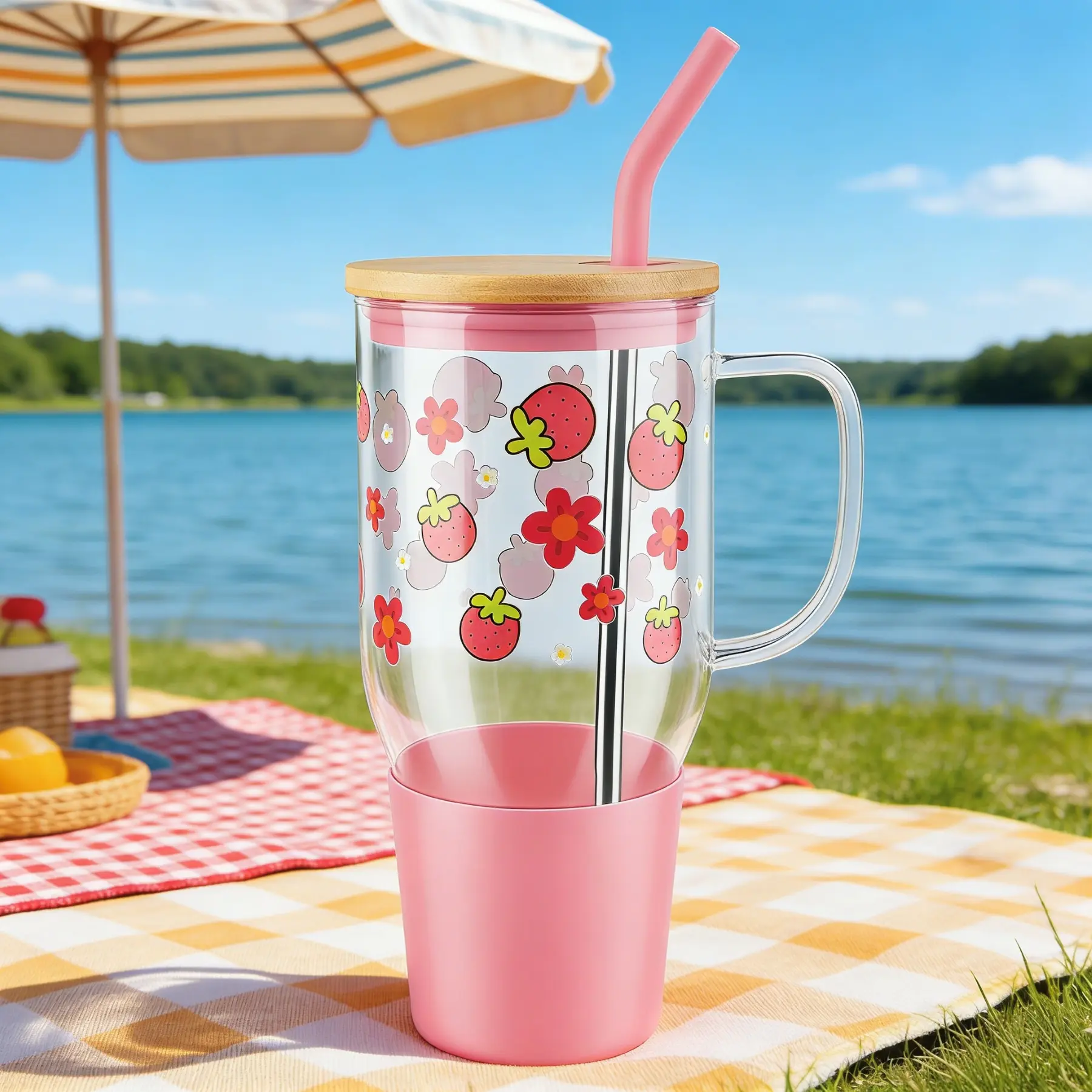 Stylish 40oz Large Round Glass Tumbler with Handle, Lid & Straw, Trendy Summer Drinkware for Women, Reusable Beverage Cup for Iced Coffee, Beach, Travel & Outdoor Use