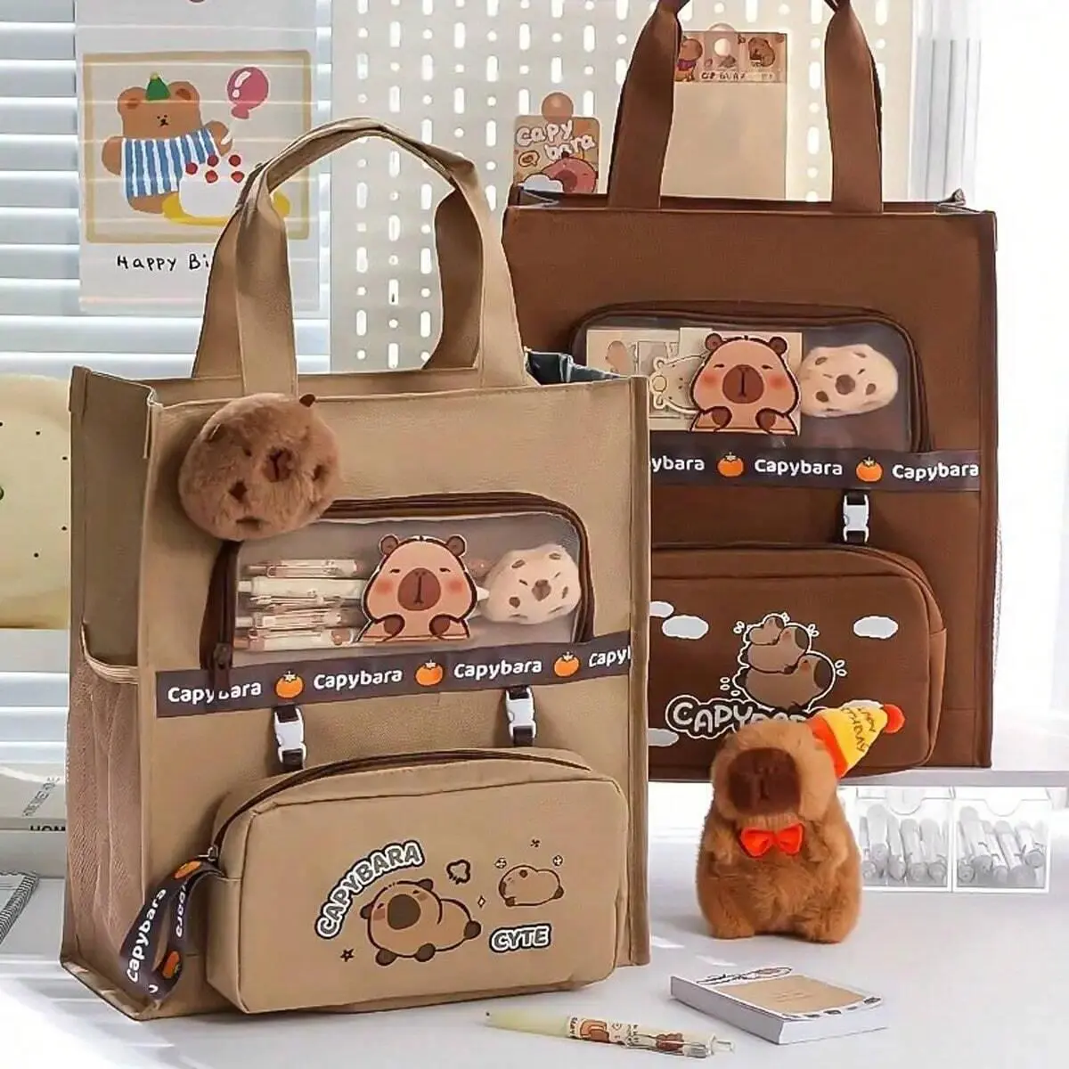 Cartoon Kapibara Pattern Large Capacity Pencil Case, 1 Count Detachable Storage Bag, Cute Bags, Stationery Bag, Shoulder Bag for Office School Student