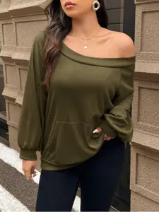 Plus Size Women's Waffle Knit Off-Shoulder Top, Fitted Comfortable Plain Fabric Long Sleeve Shirt for Fall & Winter Fashion