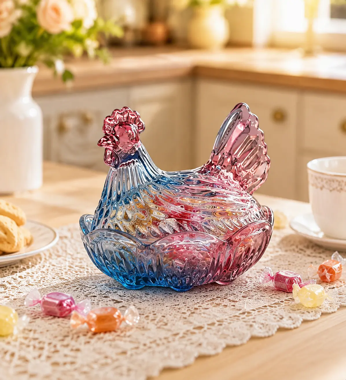 Single Blue-Purple Gradient Glass Chicken Canister with Lid - Casual Farmhouse Storage Jar, Container, Hen Candy Bowl for Kitchen & Coffee Table Decor Organization