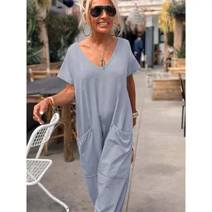 Women's Light Yellow V-Neck Baggy Romper with Pockets - Casual Solid Color Polyester Jumpsuit for Spring/Summer, Comfortable and Stylish, Ladies Rompers And Jumpsuits