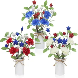 TORONTOKYO 4th of July Decorations, 3pcs Artificial Patriotic Carnation Flowers with Metal Vase, Red White Blue Berry Stems with Glitter Puffy Star for Independence Day, Memorial Day Home Decor