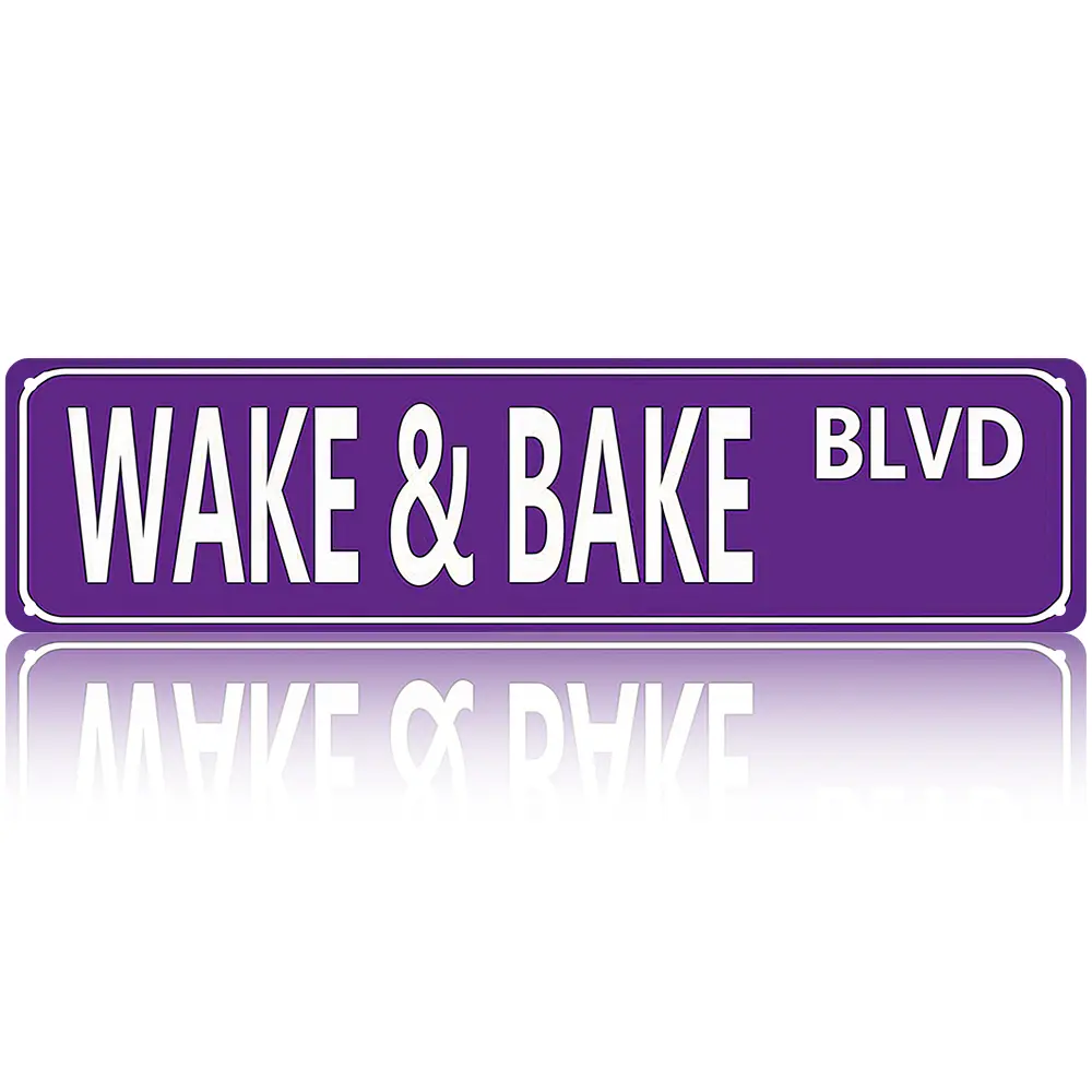 Wake & Bake Blvd Retro Aluminium Sign - 16x4in Slim Rust-Resistant Weed Wall Art, Home Decor Products, Room Accessories for Bar, Humorous Gift for Father's Day