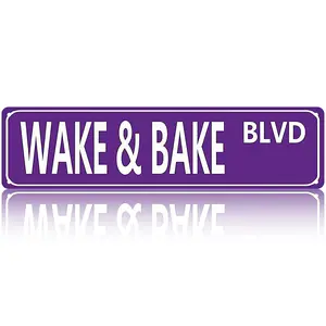 Wake & Bake Blvd Metal Sign - 16x4 Inch Slim Vintage Weed Wall Art Decor for Home Bar Cafe Garage Indoor Outdoor, Rust-Resistant Aluminum, Humorous Gift for Father's Day Mother's Day Graduation 4th of July bedroom decor gifts for boyfriend wall decor