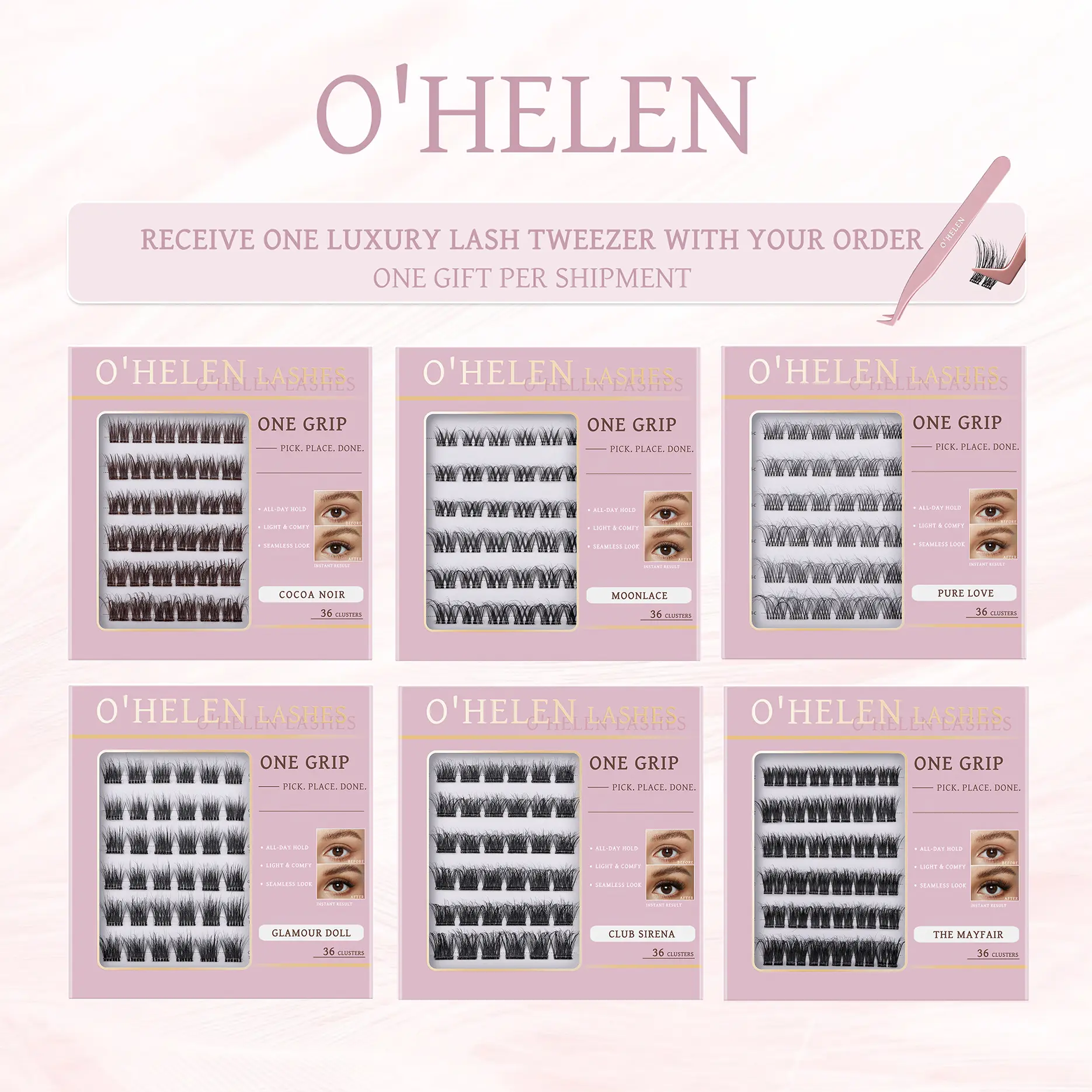 Build Your Lash Bundle | O'Helen 1-Grip Pre-Glued Lash Clusters with Pro Tweezer | 6 Mix & Match 3D Styles, 1-Step Application