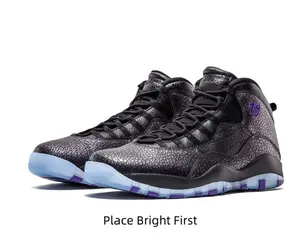 Black High-Top Textured Leather Basketball Sneakers with Purple Accents and Translucent Blue Outsole