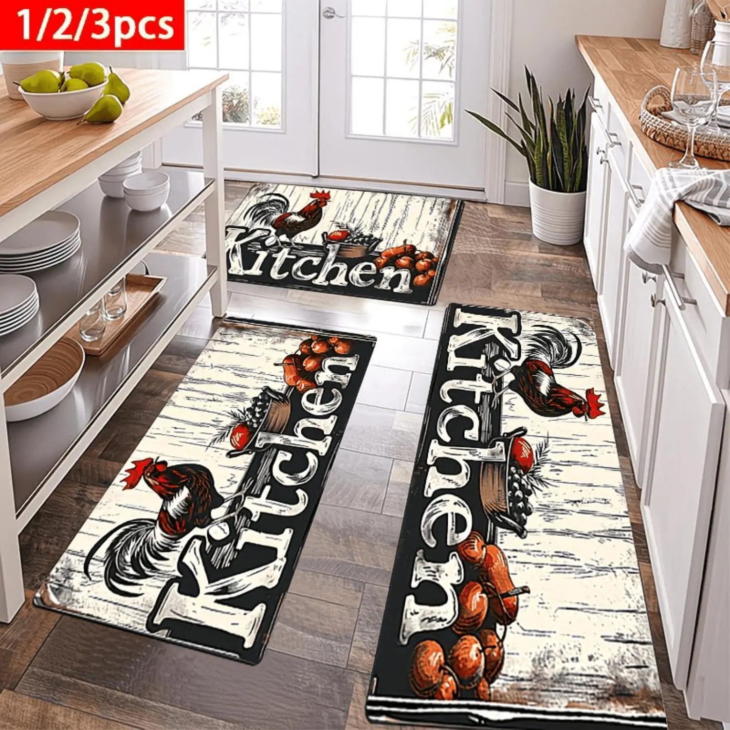 1pcs Spring Vitality Kitchen Carpet | Rooster and Fruit Style Flannel Carpet, Non-Slip, Soft, Comfortable, Easy to Clean, Suitable for Bathroom, Door Mat, Bedroom, Living Room