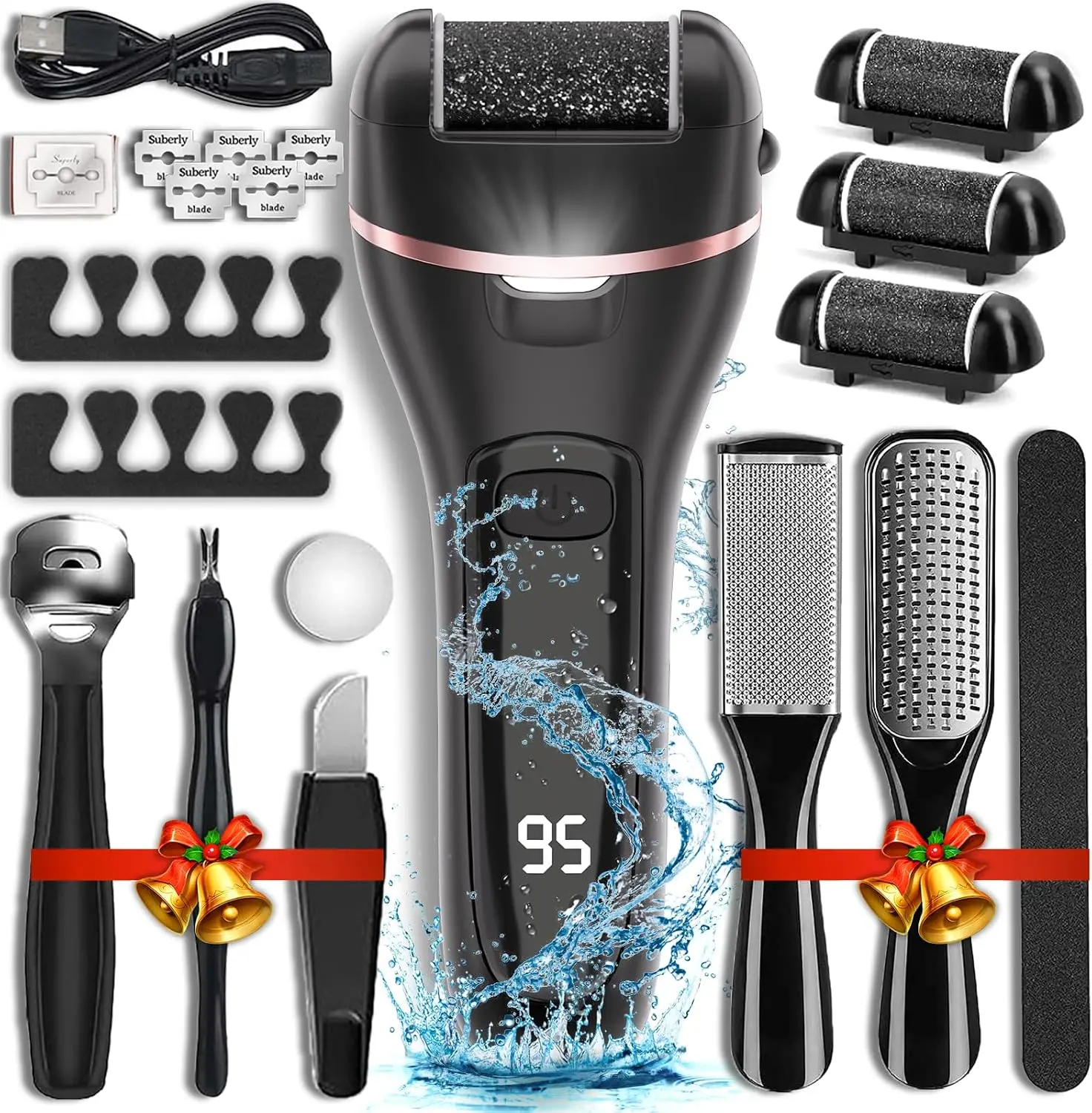 Rechargeable Electric Callus Remover for Ft - 3 Roller Heads IPX6 Waterproof Pedicure Tool for Wet-Dry Use on Hard Calluses & Cracked Heels