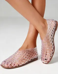 Women Hollow Fishnet Jelly Ballet Flats, Soft Quick Dry Slip On Beach Sandals, Comfort Non Slip Outdoor Pool Walking Shoes