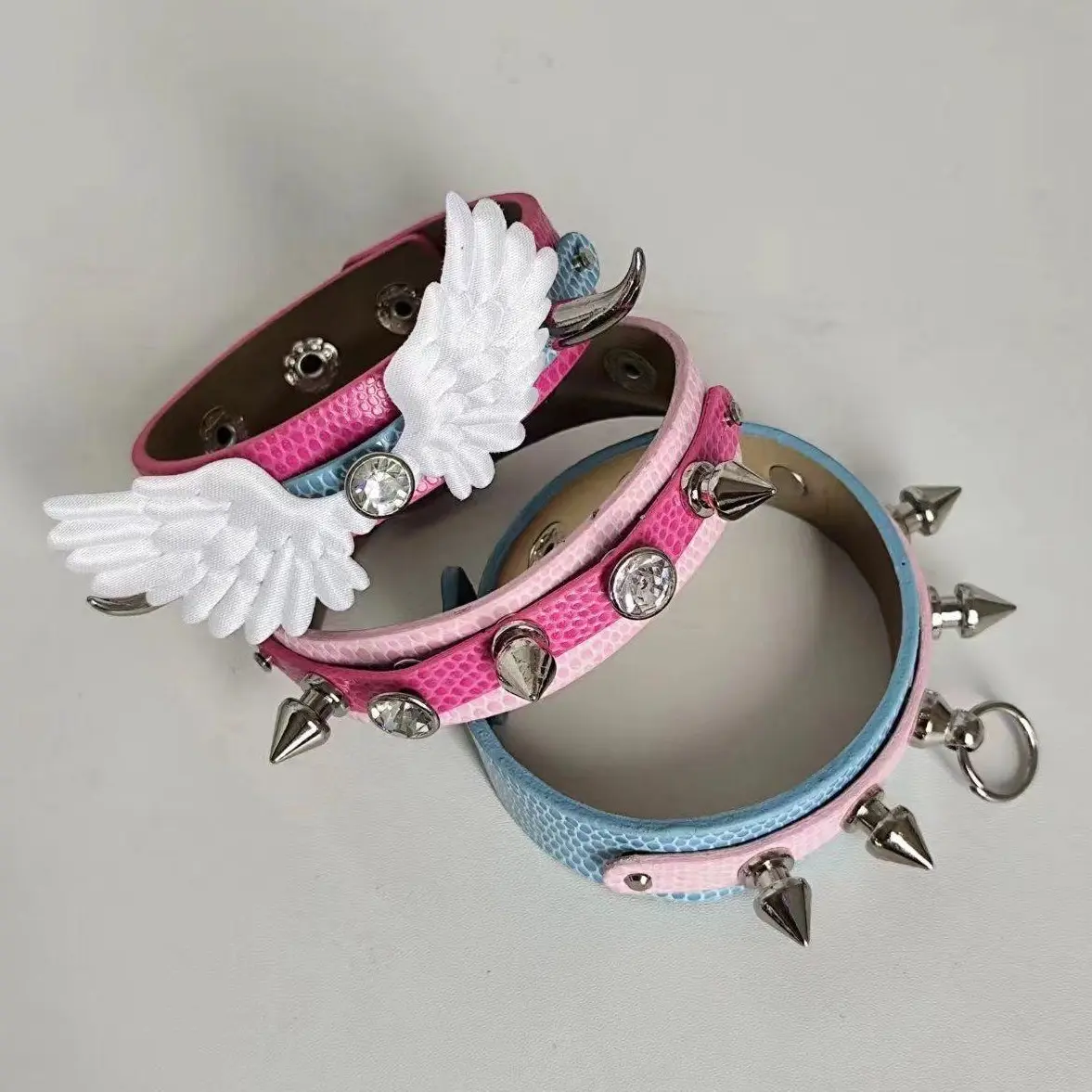 Pink Blue Snake Print Spike Leather Bracelet - Wing Rhinestone Punk Cuff, Y2K Alt Sweet Goth Wristband for Fashion Enthusiasts