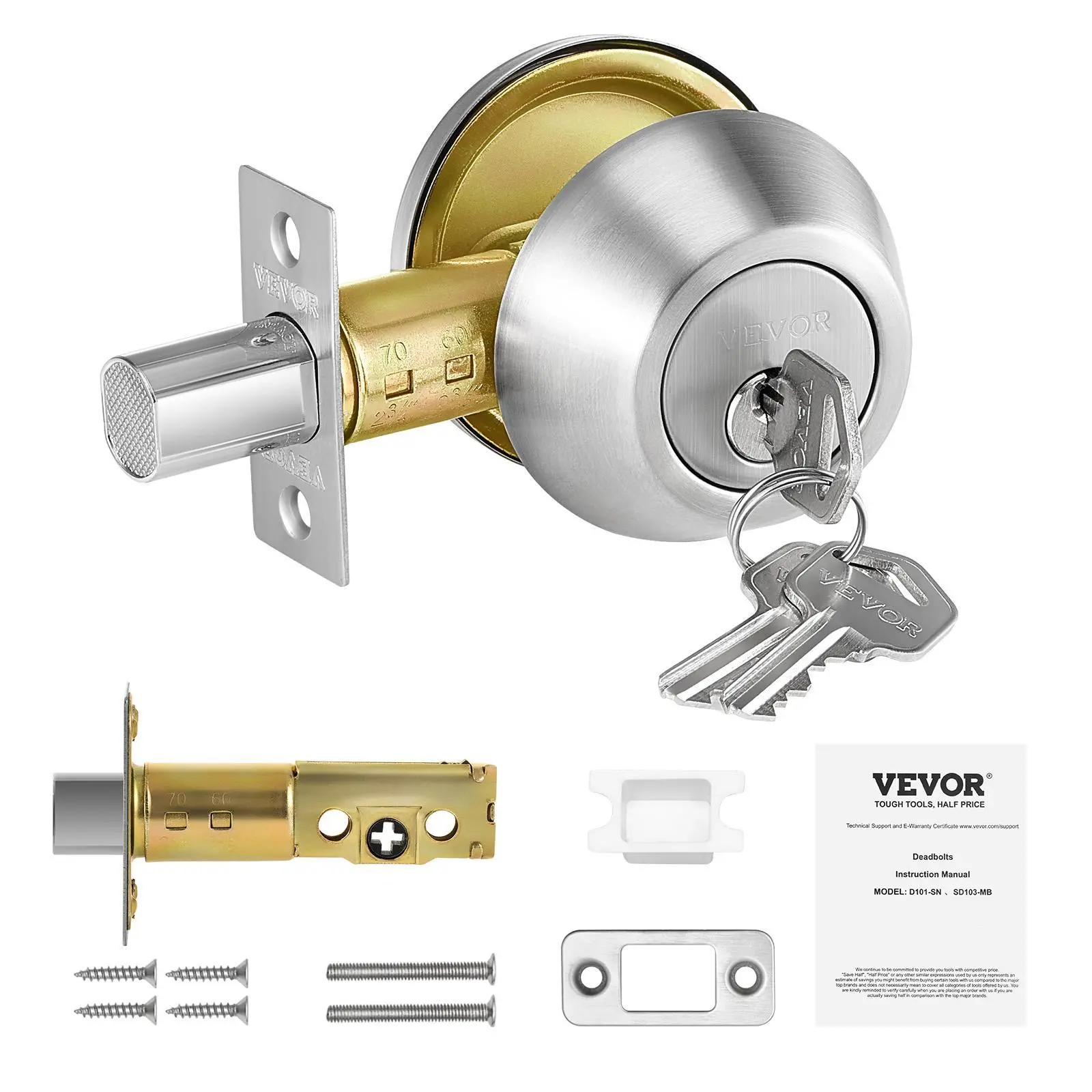 【summerfinds】VEVOR Round Single Cylinder Deadbolt Safety Lock, Keyed 1 Side, Full Metal Satin Nickel, Fits Standard Interior & Exterior Doors, 3 Keys, for Residential Front Entry Security, Stainless Steel Construction