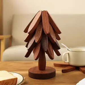 Natural Tree Trivet Set - 4 Wooden Trivets &1Stand - Heat-Resistant Foldable Design -Durable & High-Quality Solid Wood - Ideal forHot Dishes, Pots, Bowls, Teapots - Kitchenware& Tableware Coasters heat-resistant foldable design Coasters Tableware