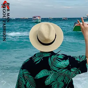 Men's Summer Raffia Sun Hat, Beach Vacation Wide Brim Hand Woven UV Protection Straw Hat