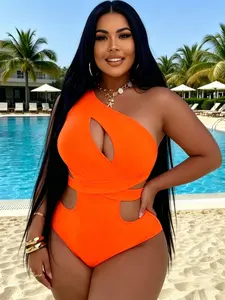 New European and American Style Women's Plus Size Solid Color Cutout Cross Back Tie Design Sexy Slim Fit One-Piece Plunge Cutout Swimsuit for Beach Pool Vacation