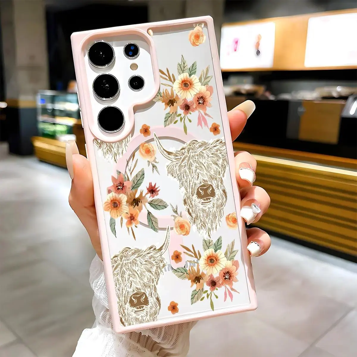 Bison Floral Symphony Pattern Clear Magnetic Phone Case, Compatible with MagSafe Silicone Bumper Protective Cover For Samsung S26 S25 S24 S23 S22 Ultra Plus FE