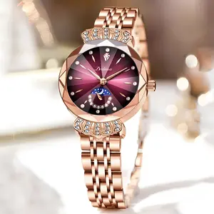 Fashion Rose Gold Solid Steel Band Waterproof Watch with Diamond Inlay and Butterfly Clasp Women's Watch with Gemstone Bezel