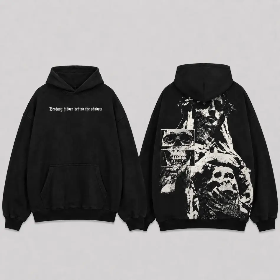 2-Sided Ecstasy Hidden in the Shadows Hoodie, Oversized Back Print Design, Gothic Streetwear Graphic, Heavyweight Unisex Women Men's Shirt