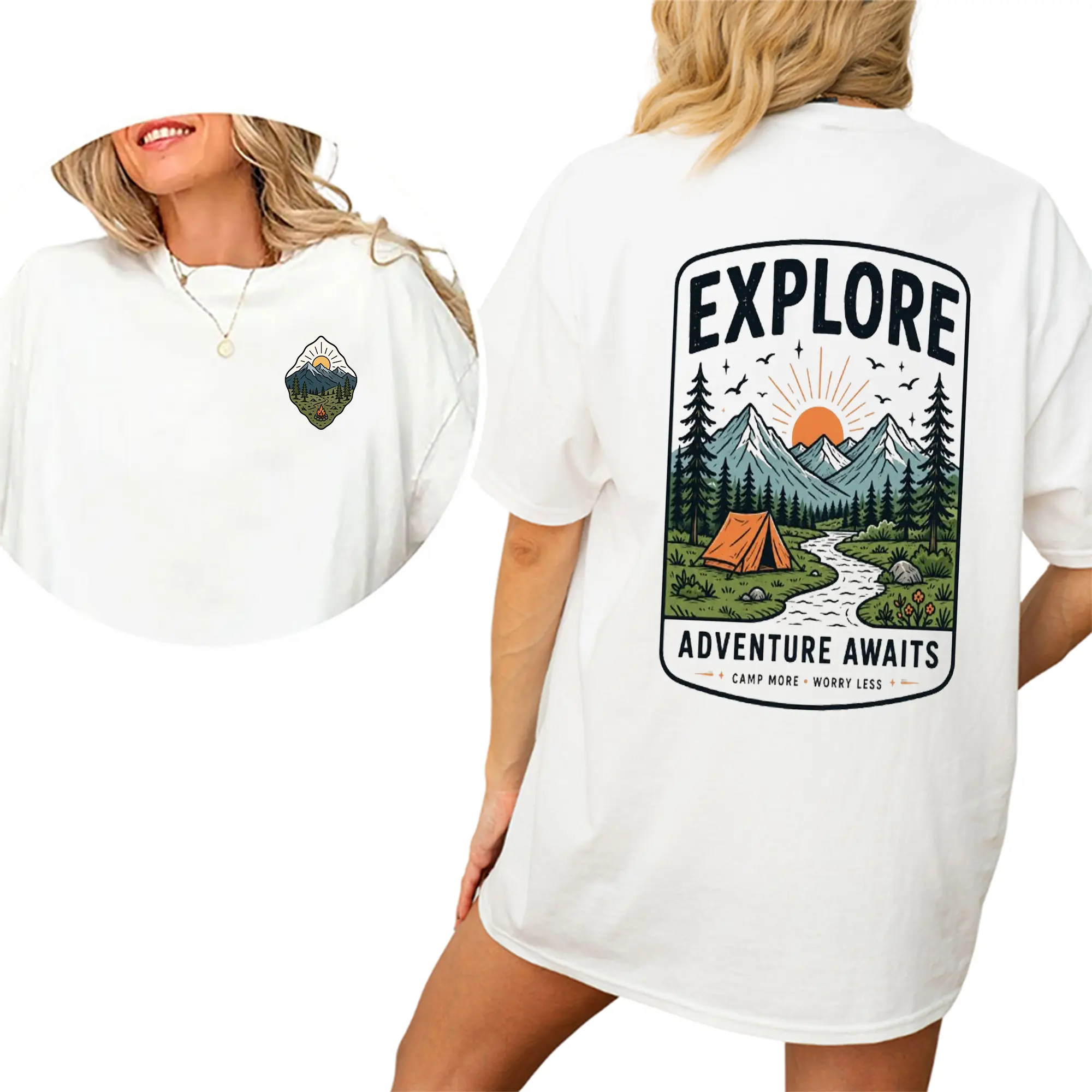 [100% Cotton] Explore Adventure Awaits T-Shirt, Vintage Camping Graphic Tee, Retro Mountain Outdoor Shirt, Trendy Hiking Oversized Tee, Camp More Worry Less Travel Outfit, Adventure Gift For Men Women