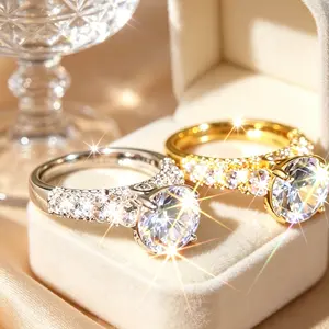 1PC Round Cut Cubic Zirconia Ring - Luxurious Solitaire with Pave-Set Accents, Available in Golden/Silvery Tone, Ideal for Special Occasions & Daily Wear