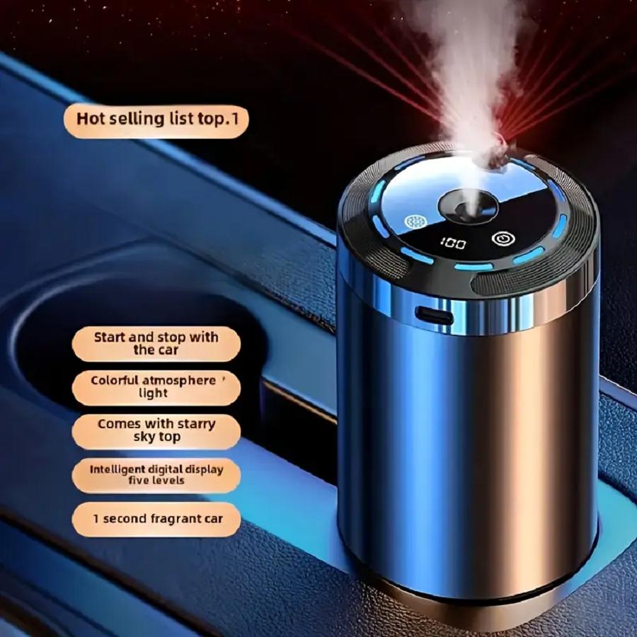 This smart car fragrance diffuser combines an air freshener, aromatherapy diffuser, humidifier, starry sky projector, and ambient lighting into one device. It can keep the air inside the car fresh for a long time