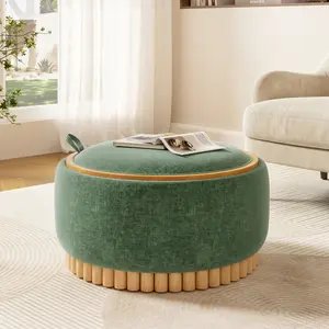 29" Round Storage Ottoman with Solid Wood Legs, Modern Coffee Table with Reversible Lid, Wood Frame, Chenille Fabric Footrest for Living Room, No Assembly Required
