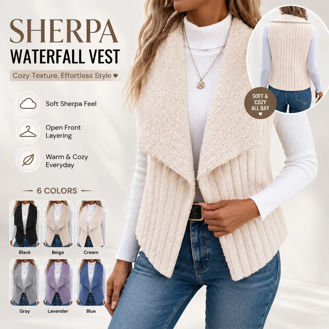 Women Waterfall Collar Open Front Sleeveless Vest, Casual Lapel Sherpa Gilet, Warm Layering Waistcoat for Fall Winter