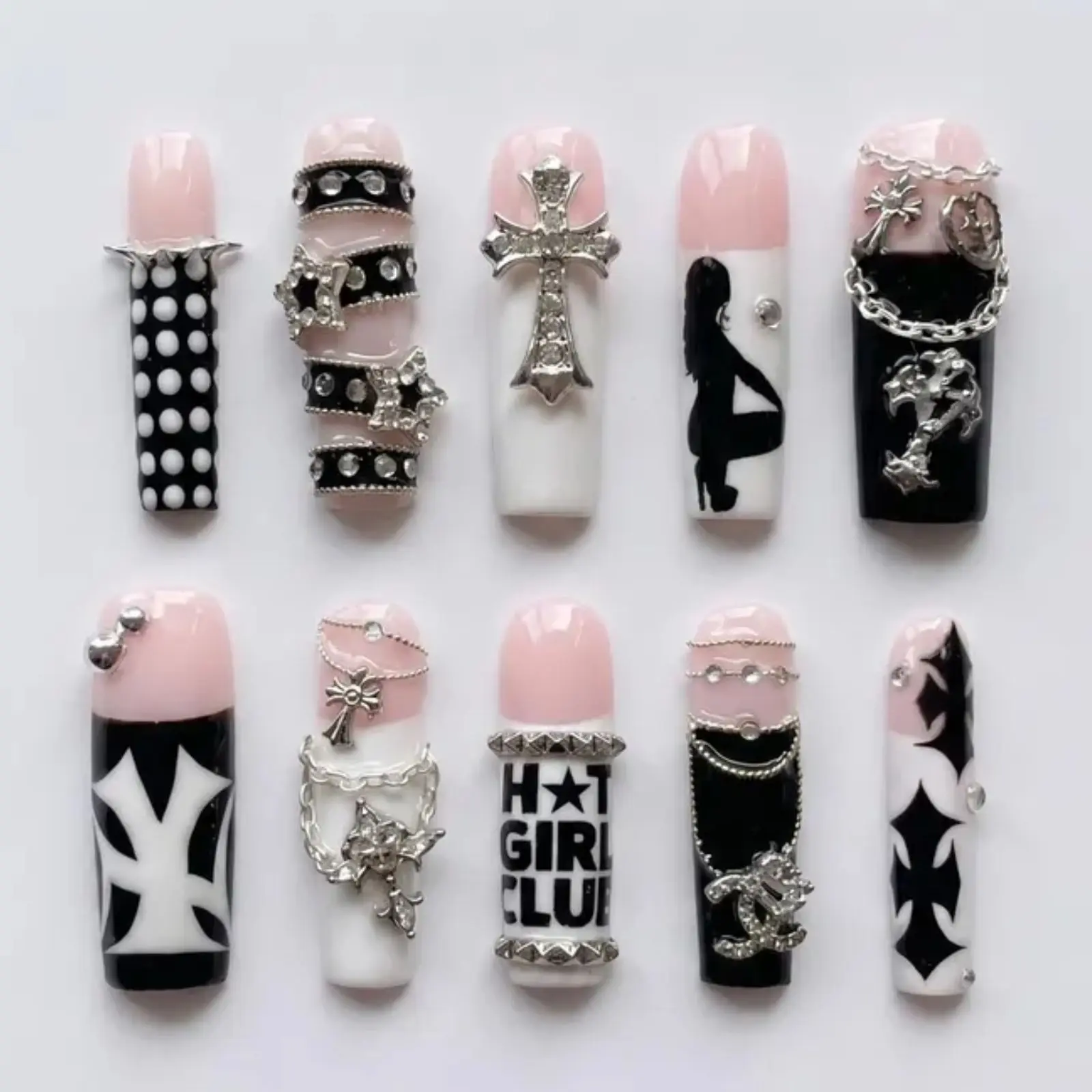 Pink Goth Press On Nails | Chrome Cross, Chain Charm, McBling Rockstar & Y2K Glam Nail Set