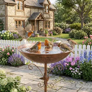 New Vintage-Style Cast Iron Outdoor Bird Bath/Feeder, Permanent Water Station for Birds, Featuring a Metal Hummingbird Ornament, Equipped with Sturdy Five-Pronged Ground Stakes, 12.8-Inch Basin, Garden And Patio Decor，Pet supplies outdoorfun