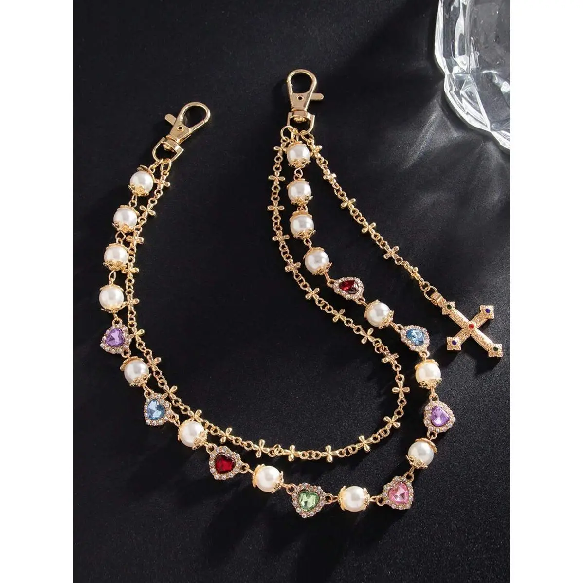 ROMWE Unisex Grunge Punk Hip-Hop Body Chain - Bling Dual-Layer Chain with Colorful Rhinestones, Faux Pearls, Aluminum Alloy, Cute Boho Ornaments, Waist Pants Accessory for Party Outfits