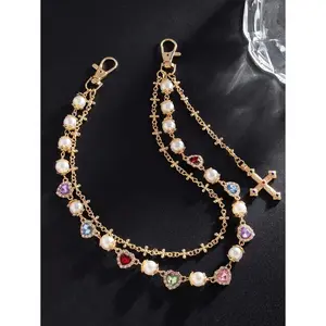 ROMWE Grunge Punk Hip-Hop Design Colorful Rhinestone Cross Waist Chain Pendant Decor Faux Pearl Ornament Chain Pants
